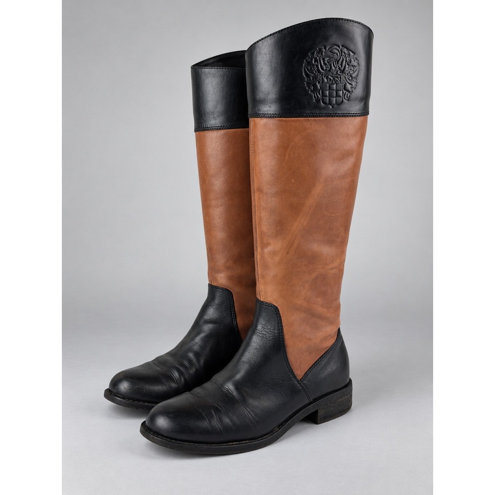 Vince Camuto Riding Boots Women 6.5 Black Cognac Brown Leather Crest Logo Tall